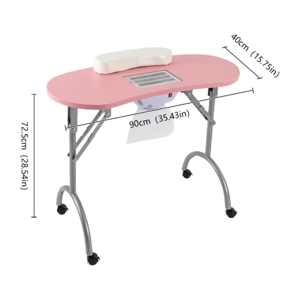 Professionele opvouwbare draagbare manicuretafel op wielen met zuig-manicuretafel, roze