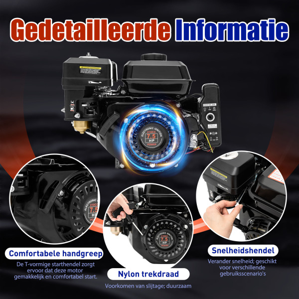 212 cm³ 4-takt benzinemotor - 7,5 PK OHV kolommotor - Easy start met elektrische start - 1 cilinder