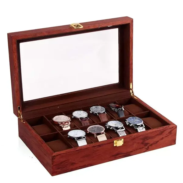Horlogedoos, doos voor horloges en armbanden, houten horlogedoos met meerdere rasters, fluwelen voering, palissandernerf. (12 roosters)