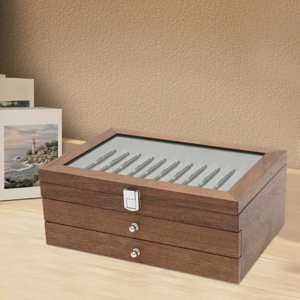 Pennenopbergdoos met vitrine, 3 lagen potloden, houten vitrine 31 x 21 x 12,5 cm (walnoot)