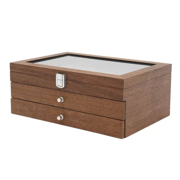 Pennenopbergdoos met vitrine, 3 lagen potloden, houten vitrine 31 x 21 x 12,5 cm (walnoot)