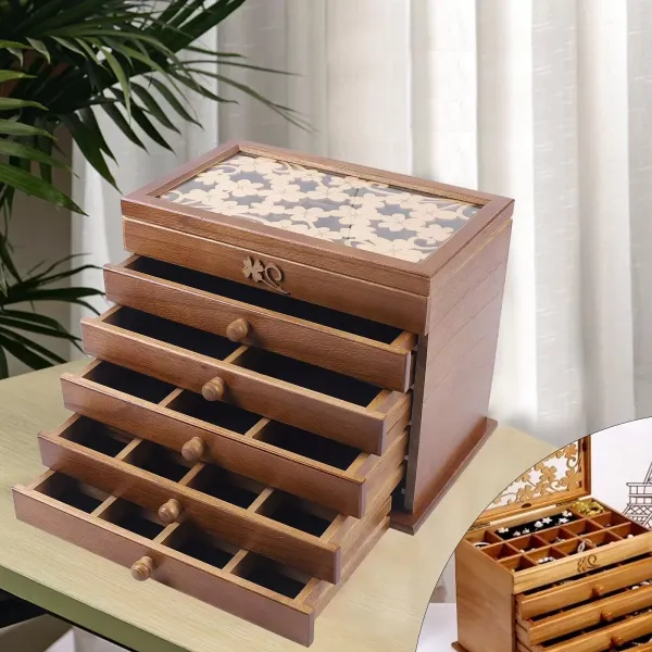 6 lagen gesneden houten juwelendoos voor vrouwen bruine juwelendoos voor ringen oorbellen ketting