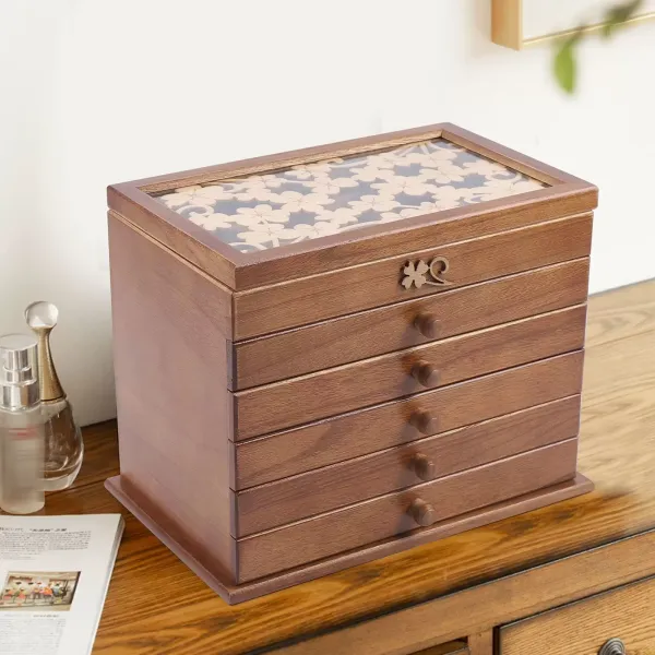 6 lagen gesneden houten juwelendoos voor vrouwen bruine juwelendoos voor ringen oorbellen ketting