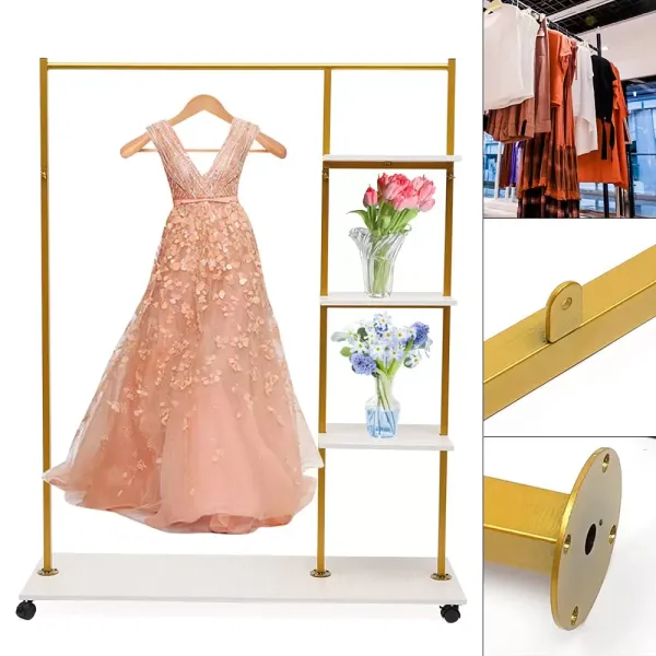 Metalen kledingrek met kledingroedes en 4 planken, multifunctioneel, op wielen Metalen kledingrek met kledingroedes en 4 planken, multifunctioneel, op wielen