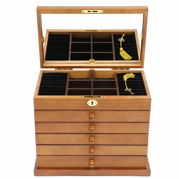 Grote houten juwelendoos met 6 lagen, 5 lades, 2 opvouwbare kasten en spiegel - 29,5 x 18,5 x 25 cm - Bruin