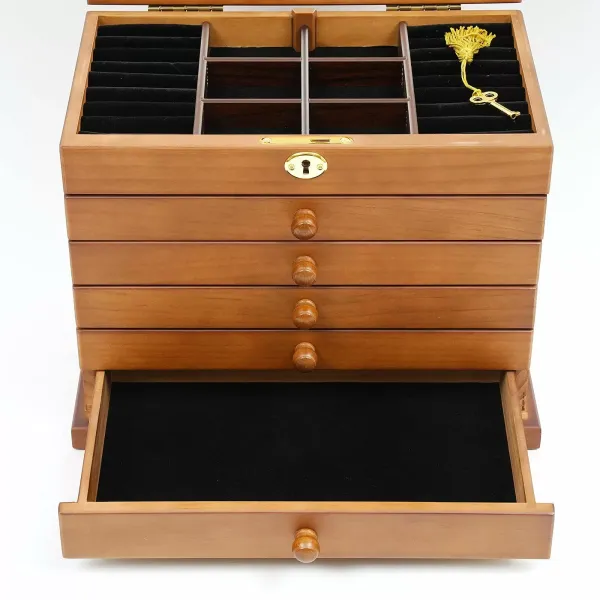Grote houten juwelendoos met 6 lagen, 5 lades, 2 opvouwbare kasten en spiegel - 29,5 x 18,5 x 25 cm - Bruin Grote houten juwelendoos met 6 lagen, 5 lades, 2 opvouwbare kasten en spiegel - 29,5 x 18,5 x 25 cm - Bruin