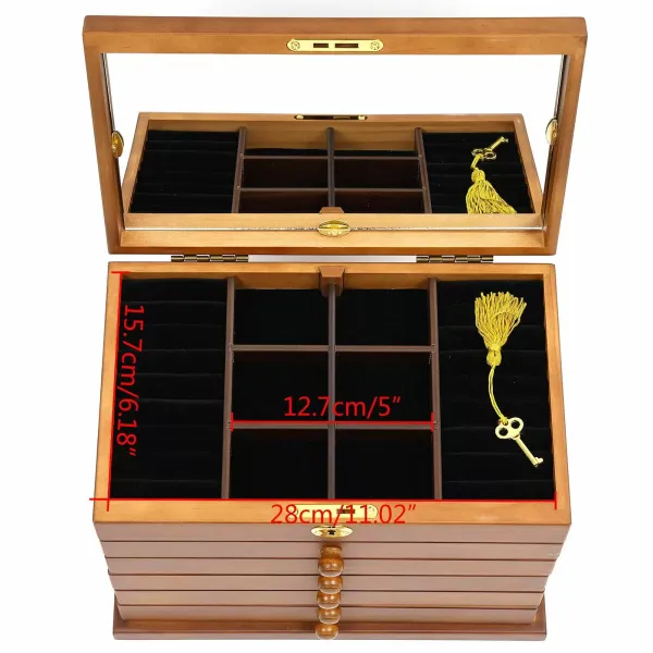 Grote houten juwelendoos met 6 lagen, 5 lades, 2 opvouwbare kasten en spiegel - 29,5 x 18,5 x 25 cm - Bruin