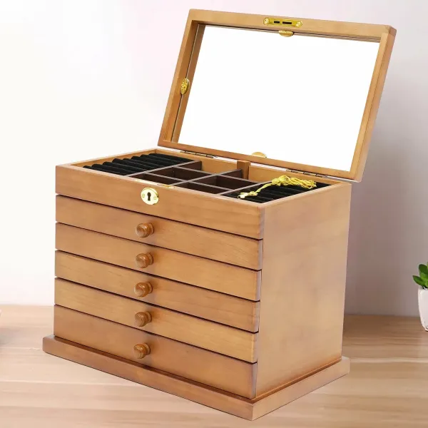 Grote houten juwelendoos met 6 lagen, 5 lades, 2 opvouwbare kasten en spiegel - 29,5 x 18,5 x 25 cm - Bruin Grote houten juwelendoos met 6 lagen, 5 lades, 2 opvouwbare kasten en spiegel - 29,5 x 18,5 x 25 cm - Bruin