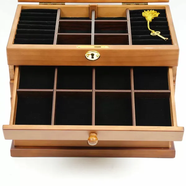 Grote houten juwelendoos met 6 lagen, 5 lades, 2 opvouwbare kasten en spiegel - 29,5 x 18,5 x 25 cm - Bruin