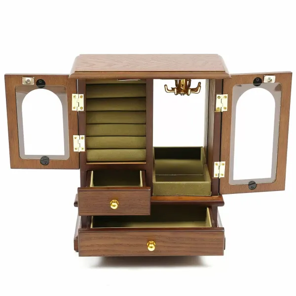 Houten sieradendoos met 2 lades, glazen deur voor sieraden, oorbellen, ketting, opbergdoos, 21,5 x 11 x 27 cm