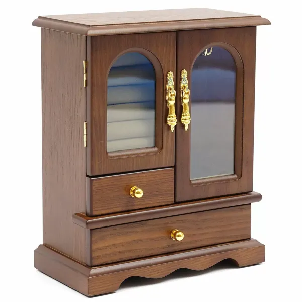 Houten sieradendoos met 2 lades, glazen deur voor sieraden, oorbellen, ketting, opbergdoos, 21,5 x 11 x 27 cm