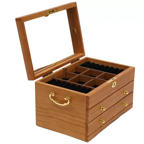 Houten juwelendoos met 3 lagen, spiegelslot en 3 lades, bruin 29 x 19 x 17 cm