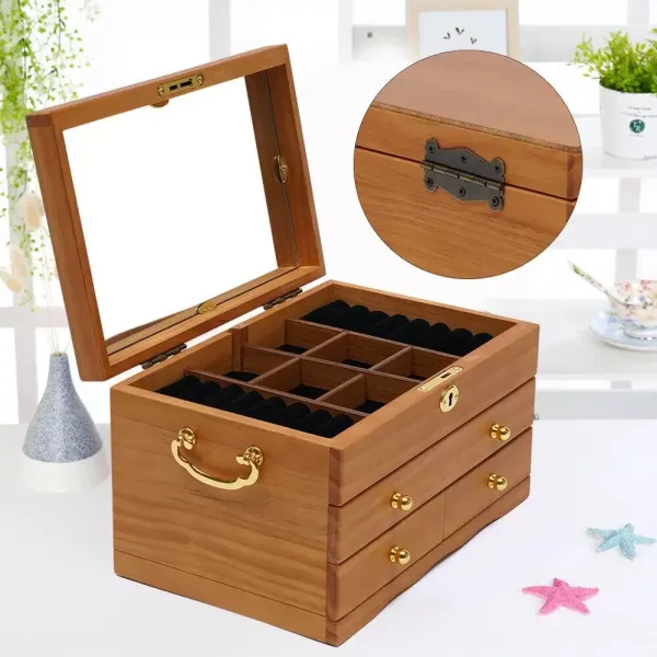 Houten juwelendoos met 3 lagen, spiegelslot en 3 lades, bruin 29 x 19 x 17 cm