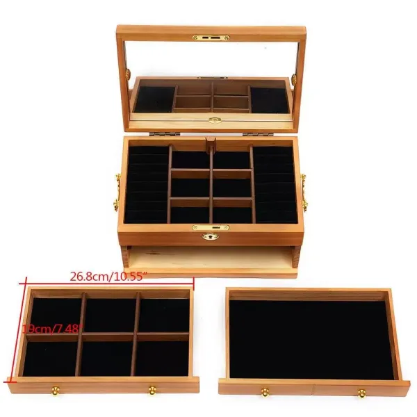 Houten juwelendoos met 3 lagen, spiegelslot en 3 lades, bruin 29 x 19 x 17 cm