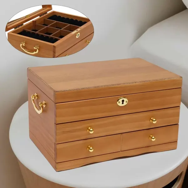 Houten juwelendoos met 3 lagen, spiegelslot en 3 lades, bruin 29 x 19 x 17 cm