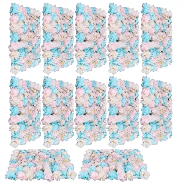 12 stuks nep-muurzijden bloemen, kunstbloemen, wanddecoratie, blauw en roze
