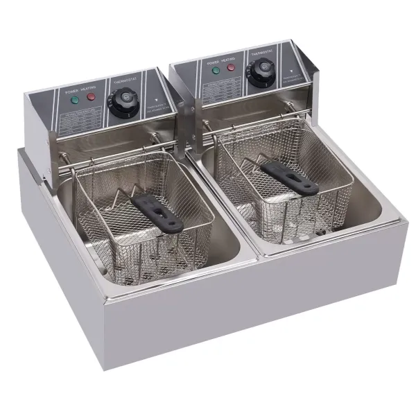 Elektrische friteuse 12L roestvrijstalen dubbele friteuse met 2 manden en deksels voor friet, kip, restaurant, thuis