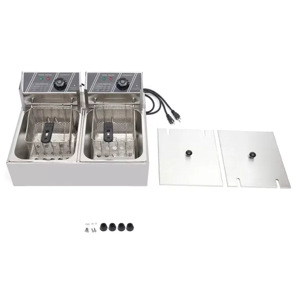 Elektrische friteuse 12L roestvrijstalen dubbele friteuse met 2 manden en deksels voor friet, kip, restaurant, thuis Elektrische friteuse 12L roestvrijstalen dubbele friteuse met 2 manden en deksels voor friet, kip, restaurant, thuis