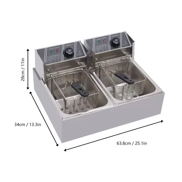 Elektrische friteuse 12L roestvrijstalen dubbele friteuse met 2 manden en deksels voor friet, kip, restaurant, thuis