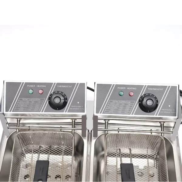 Elektrische friteuse 12L roestvrijstalen dubbele friteuse met 2 manden en deksels voor friet, kip, restaurant, thuis Elektrische friteuse 12L roestvrijstalen dubbele friteuse met 2 manden en deksels voor friet, kip, restaurant, thuis