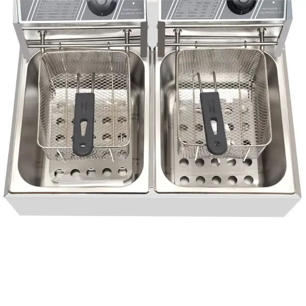 Elektrische friteuse 12L roestvrijstalen dubbele friteuse met 2 manden en deksels voor friet, kip, restaurant, thuis Elektrische friteuse 12L roestvrijstalen dubbele friteuse met 2 manden en deksels voor friet, kip, restaurant, thuis
