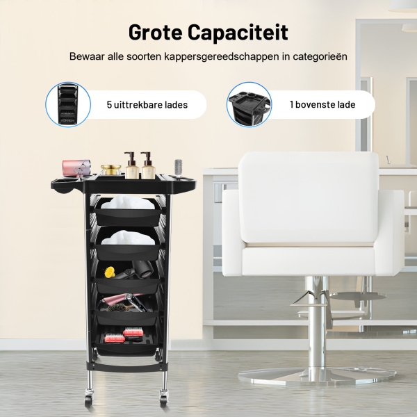 Kapperswagen met laden 6 lagen - Beauty Cart - Kapsalon Trolley - Zwart