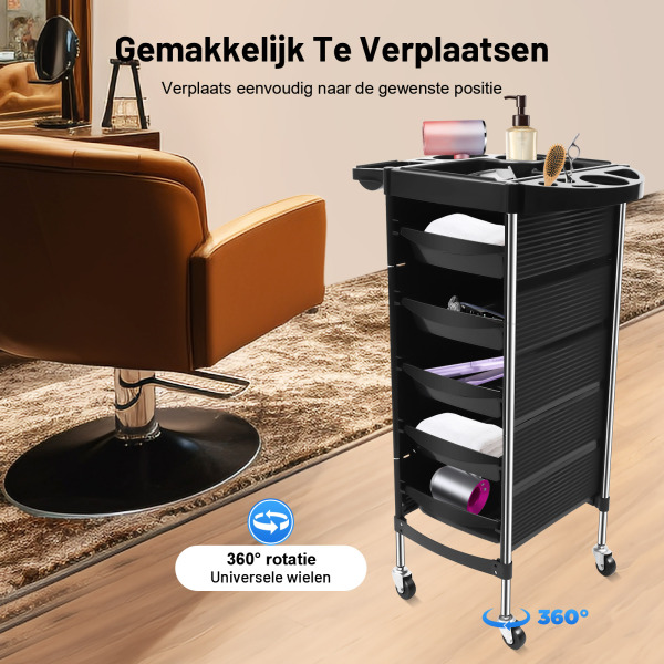 Kapperswagen met laden 6 lagen - Beauty Cart - Kapsalon Trolley - Zwart