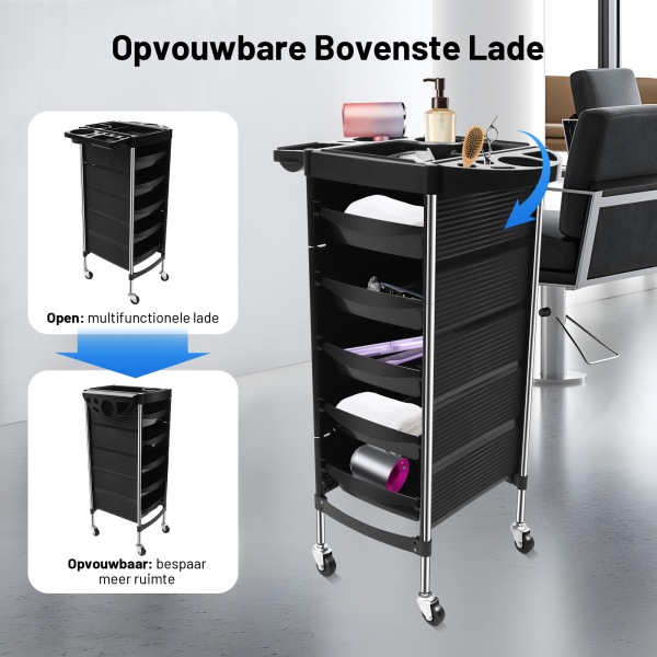 Kapperswagen met laden 6 lagen - Beauty Cart - Kapsalon Trolley - Zwart
