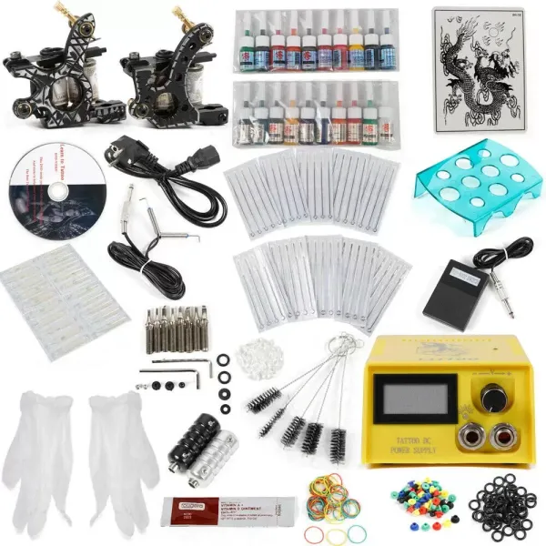 Complete tattoo-set voor beginners - 2 professionele tattoo-machines - 20 kleureninkten - 50 naalden