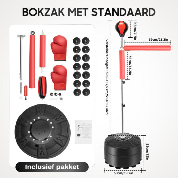 360° staande bokszak voor volwassenen - in hoogte verstelbaar - 4ft - 6ft - reflecterende staande bokszak