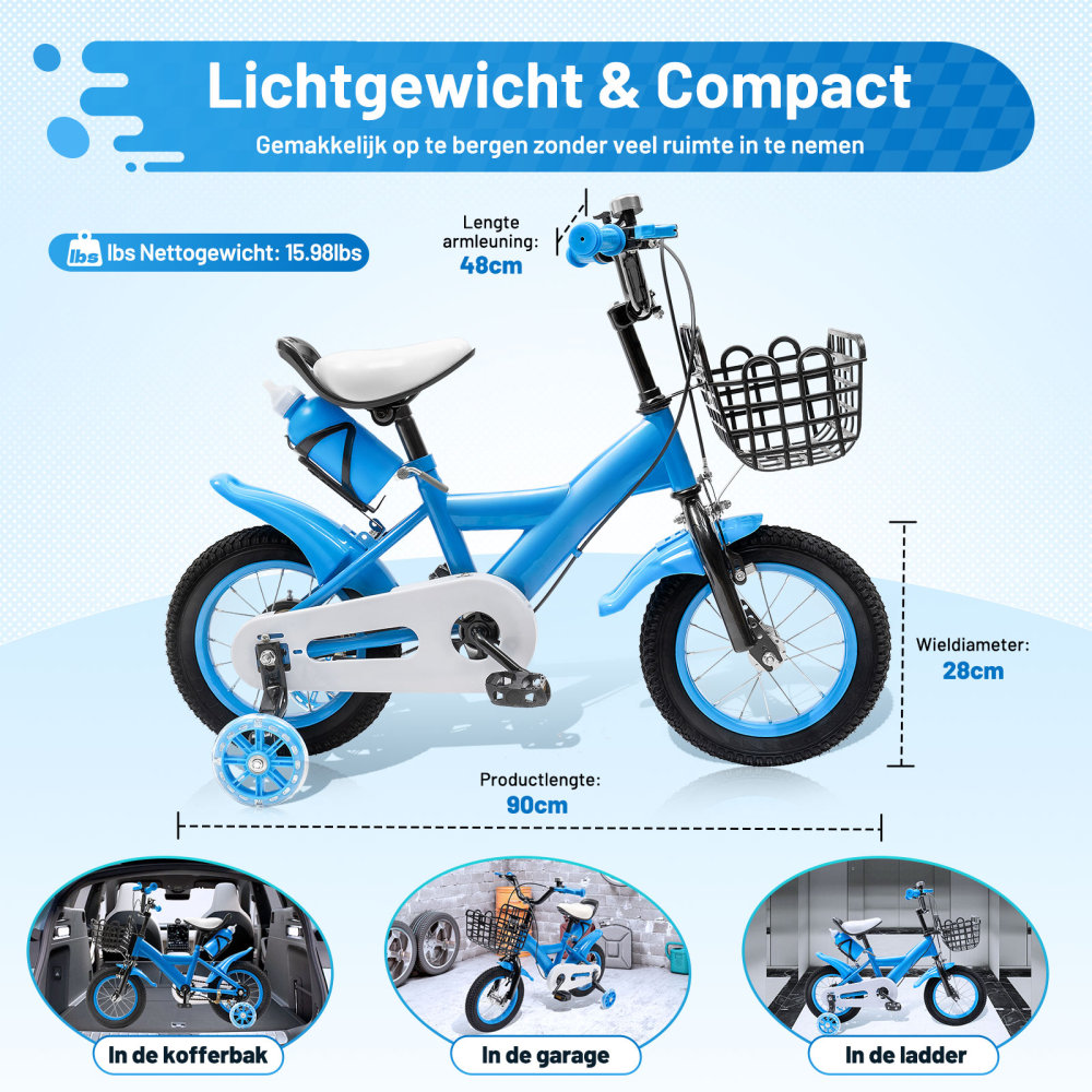 12 inch kinderfiets fiets van koolstofstaallegering met rem en zijwieltjes voor peuterjongen en meisje