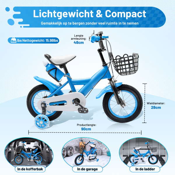 12 inch kinderfiets fiets van koolstofstaallegering met rem en zijwieltjes voor peuterjongen en meisje