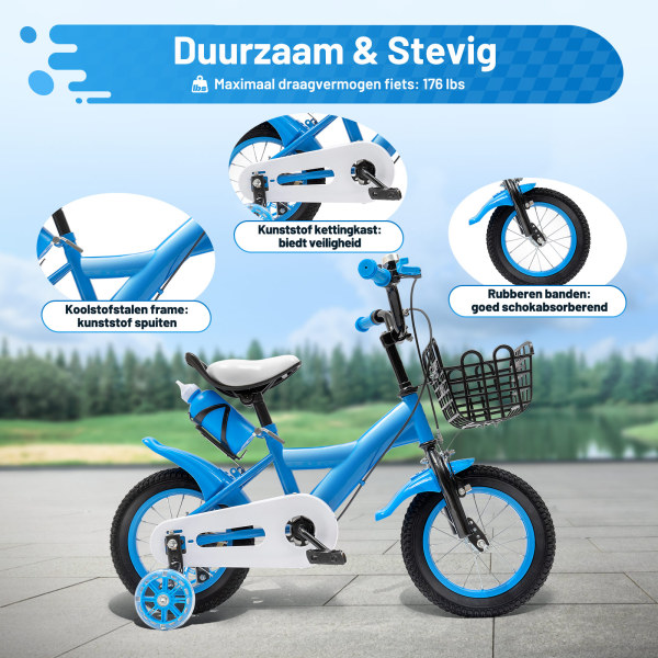 12 inch kinderfiets fiets van koolstofstaallegering met rem en zijwieltjes voor peuterjongen en meisje