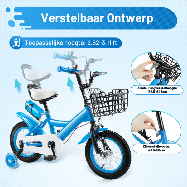 12 inch kinderfiets fiets van koolstofstaallegering met rem en zijwieltjes voor peuterjongen en meisje