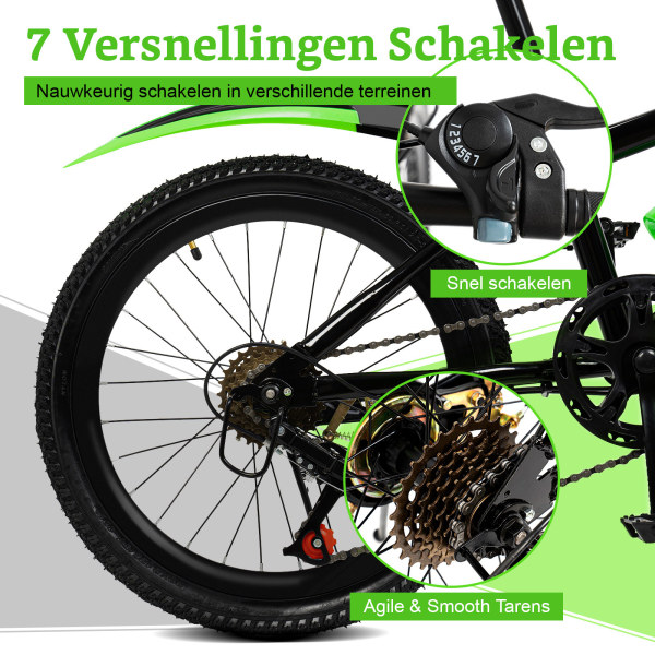 20 inch mountainbike voor meisjes en jongens, dubbel schijfremsysteem, koolstofstaal (groen)