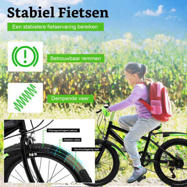 20 inch mountainbike voor meisjes en jongens, dubbel schijfremsysteem, koolstofstaal (groen)