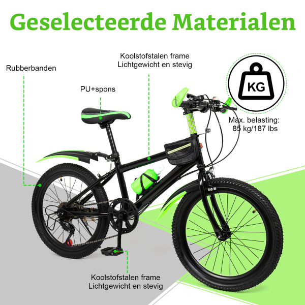 20 inch mountainbike voor meisjes en jongens, dubbel schijfremsysteem, koolstofstaal (groen)