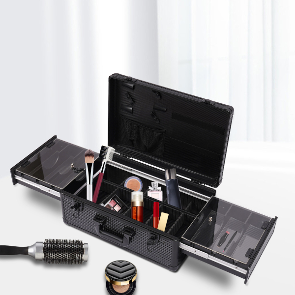 Aluminium make-upkoffer, gereedschapskoffer voor het opbergen van scharen, make-up en andere spullen, zwart