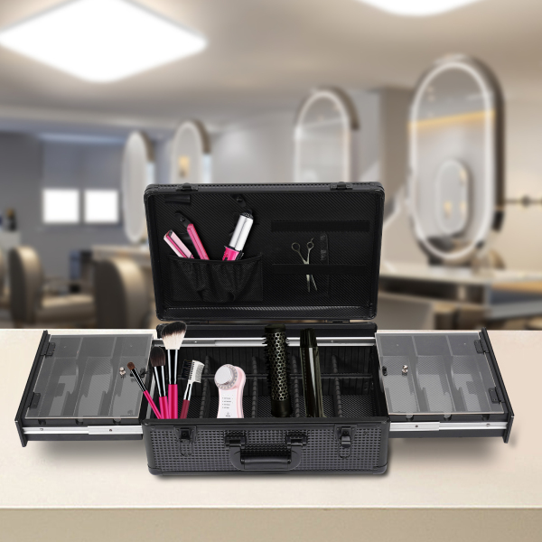 Aluminium make-upkoffer, gereedschapskoffer voor het opbergen van scharen, make-up en andere spullen, zwart