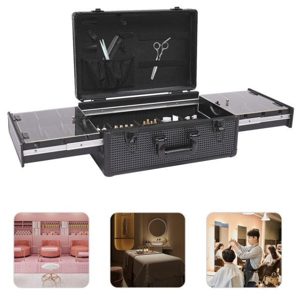 Aluminium make-upkoffer, gereedschapskoffer voor het opbergen van scharen, make-up en andere spullen, zwart Aluminium make-upkoffer, gereedschapskoffer voor het opbergen van scharen, make-up en andere spullen, zwart