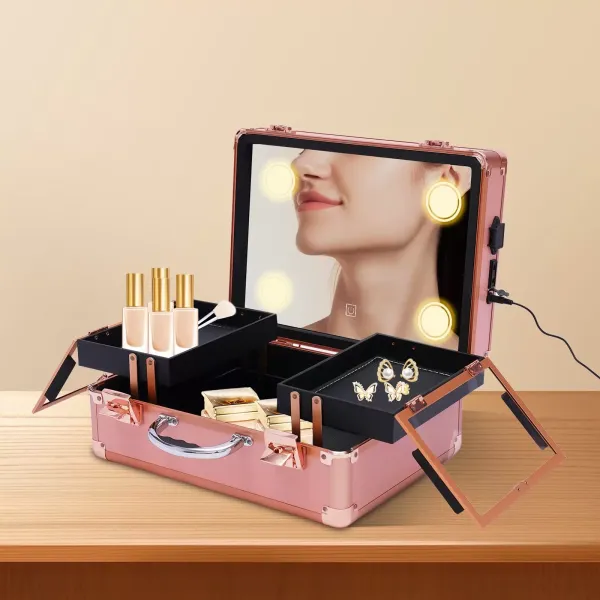 Make-uptreinkoffer - Cosmetische organisator Make-upkoffer met licht en spiegel/Make-upkoffer met individuele verdelers/Grote make-upartiestenorganisatieset