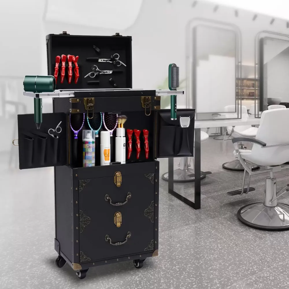 Rollende afsluitbare trein make-up koffer op wielen kapper stylist schoonheidssalon bagage reisorganisator