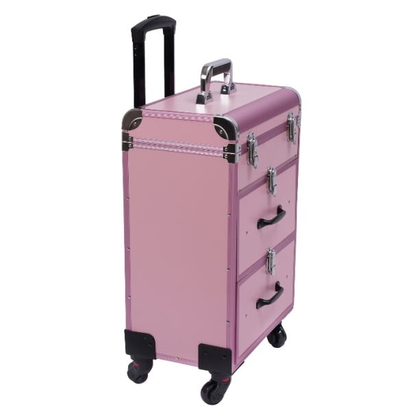 Cosmetische koffer met trolley en 4 wielen, 2 lades, opvouwbaar, geschikt voor op reis, make-upartiest, roze