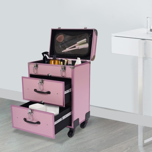 Cosmetische koffer met trolley en 4 wielen, 2 lades, opvouwbaar, geschikt voor op reis, make-upartiest, roze