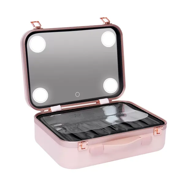 Make-up cosmetische tas met verlichting en spiegels, voor huidverzorgingsproducten, roze en wit, roze, eenvoud