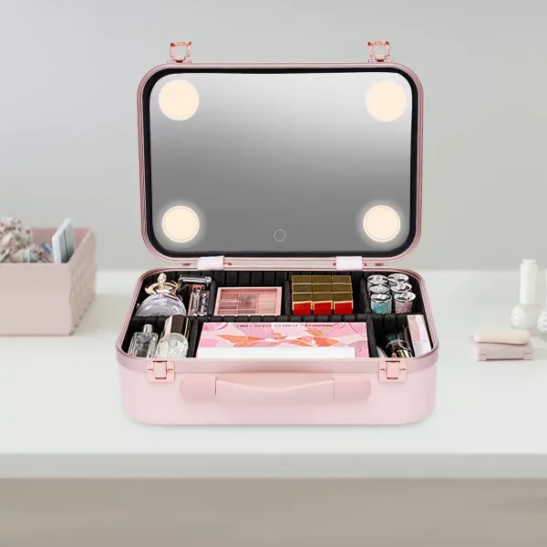 Make-up cosmetische tas met verlichting en spiegels, voor huidverzorgingsproducten, roze en wit, roze, eenvoud