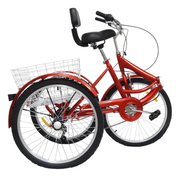 Vouwfiets 24 inch volwassen driewieler 3 wielen fiets met mand en rugleuning 7 versnellingen driewieler voor senioren (rood)