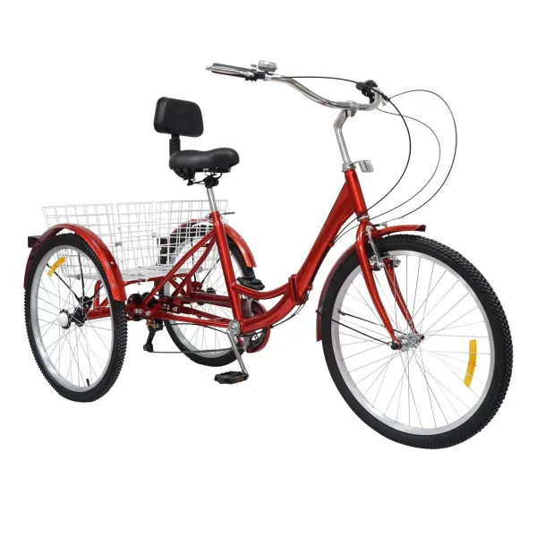 Vouwfiets 24 inch volwassen driewieler 3 wielen fiets met mand en rugleuning 7 versnellingen driewieler voor senioren (rood)