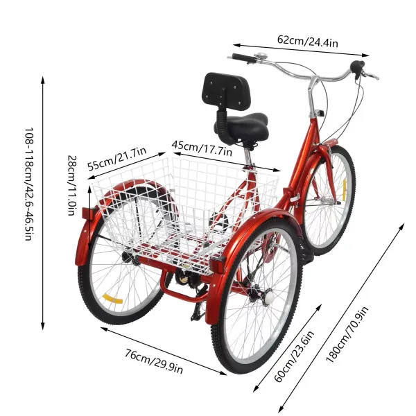 Vouwfiets 24 inch volwassen driewieler 3 wielen fiets met mand en rugleuning 7 versnellingen driewieler voor senioren (rood)