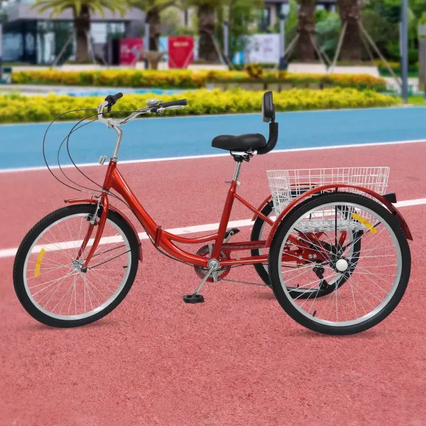Vouwfiets 24 inch volwassen driewieler 3 wielen fiets met mand en rugleuning 7 versnellingen driewieler voor senioren (rood) Vouwfiets 24 inch volwassen driewieler 3 wielen fiets met mand en rugleuning 7 versnellingen driewieler voor senioren (rood)